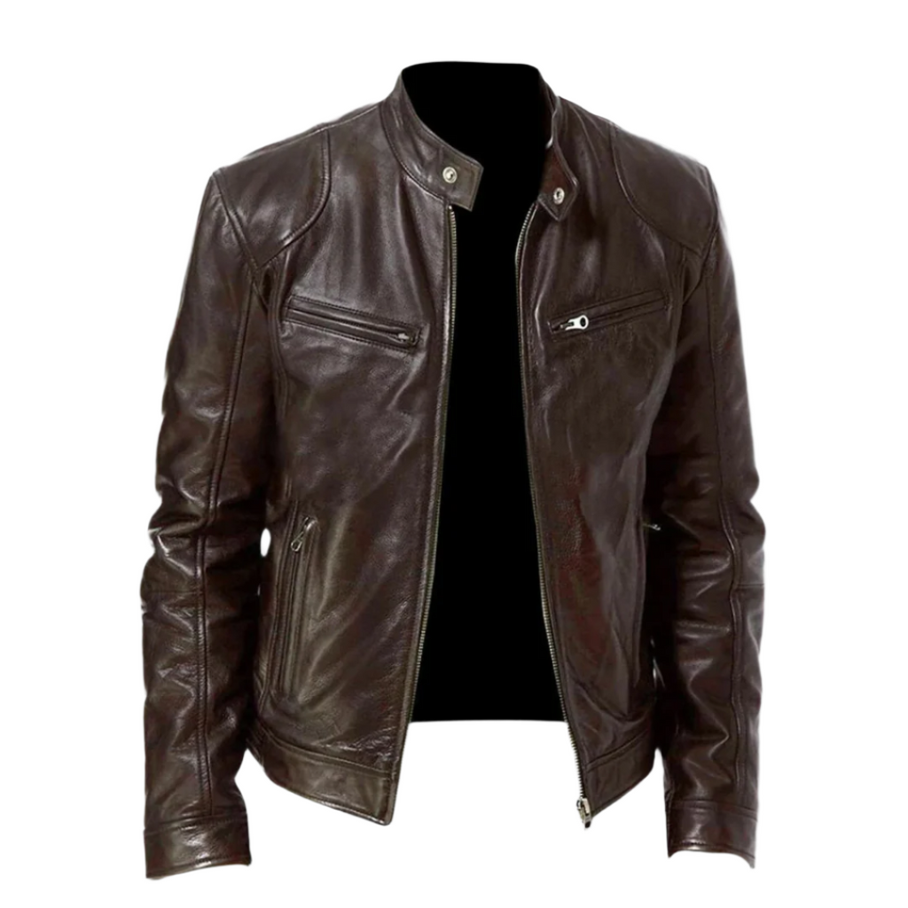 Leather-look jacket in black with a modern cut and zip front, front view