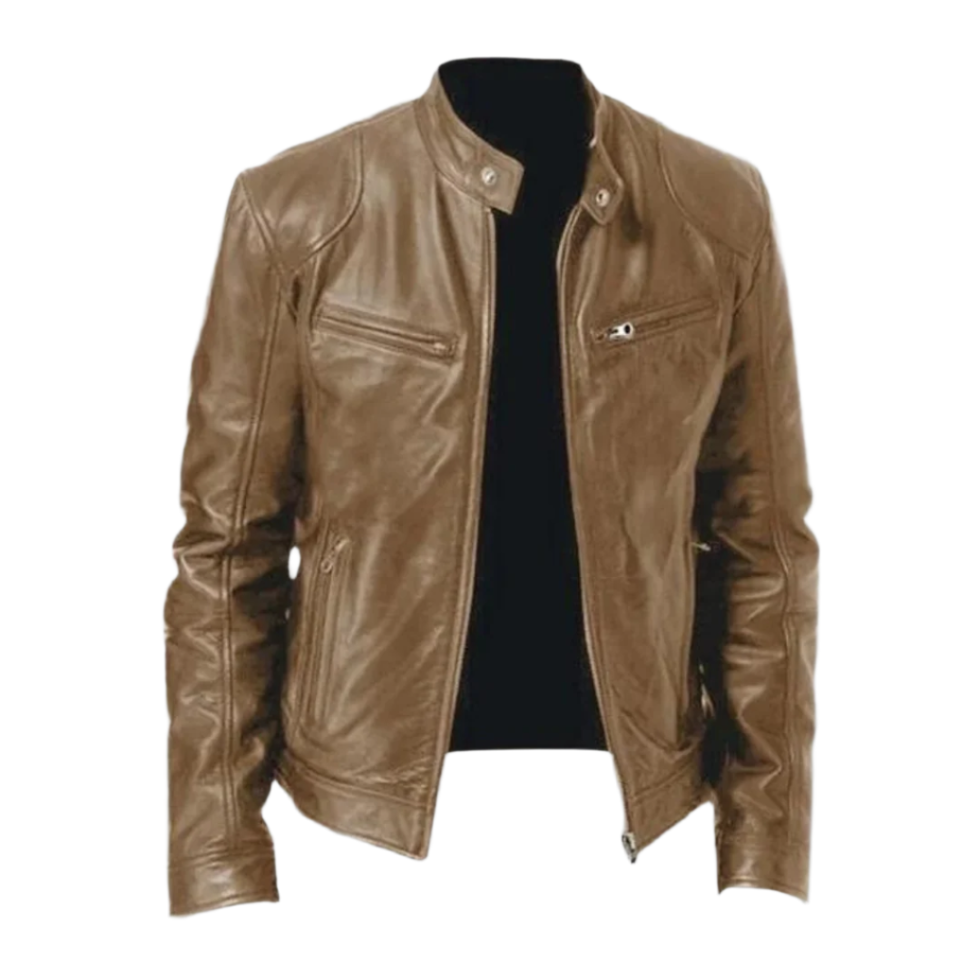 Leather-look jacket in brown with a modern cut and zip front, front view