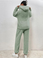 Teddy fleece loungewear set with hooded top, kangaroo pocket and long pants