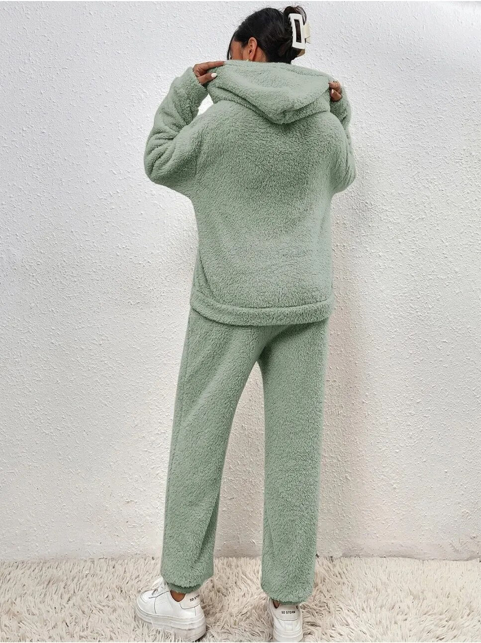 Teddy fleece loungewear set with hooded top, kangaroo pocket and long pants