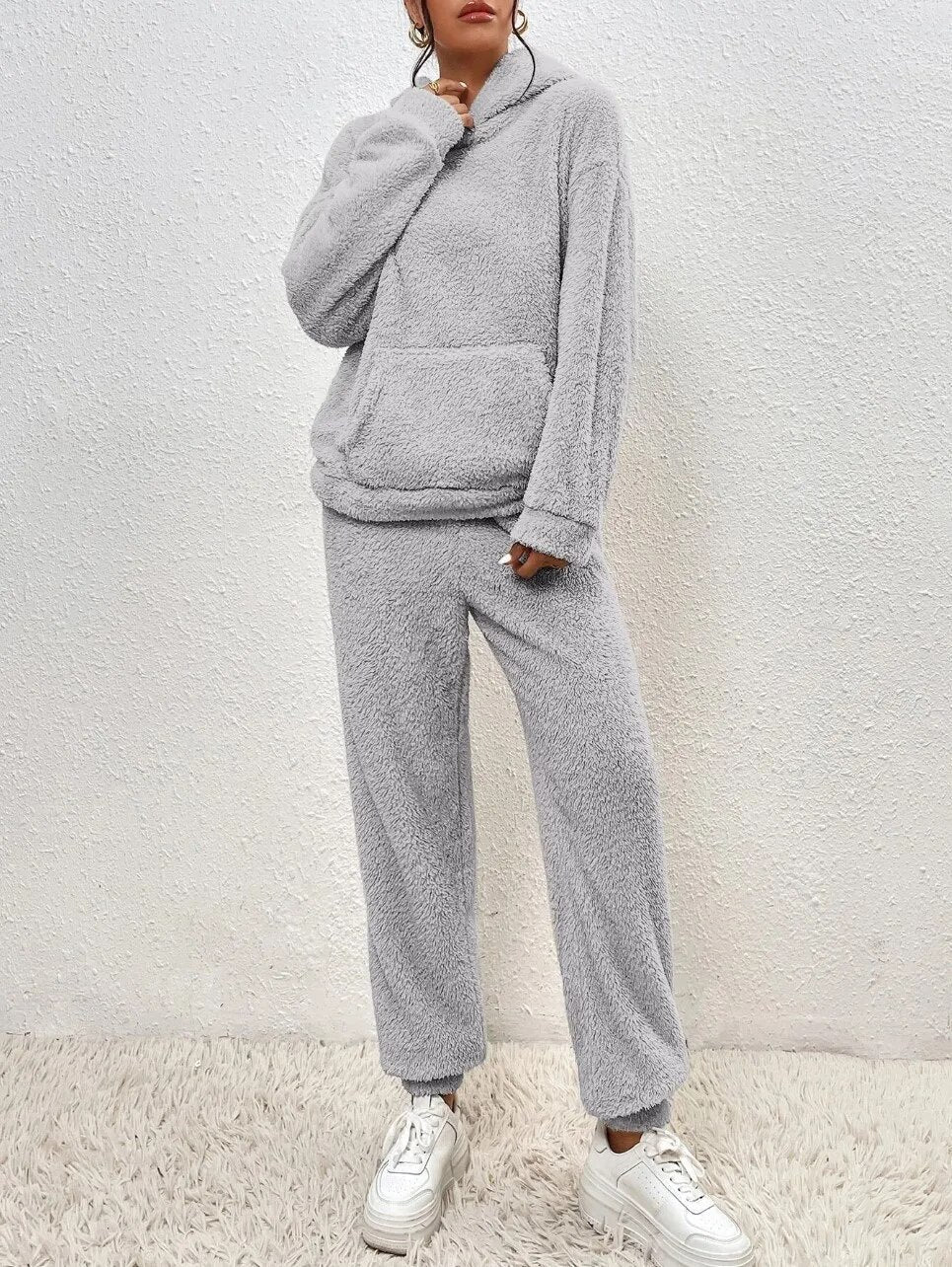 Teddy fleece loungewear set with hooded top, kangaroo pocket and long pants