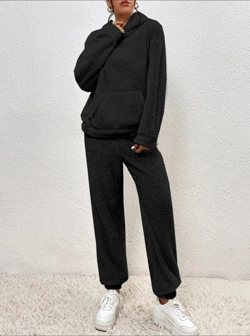 Teddy fleece loungewear set with hooded top, kangaroo pocket and long pants