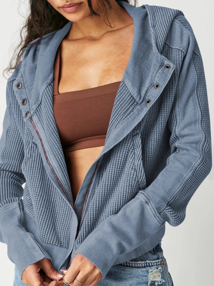 Cropped Hoodie Waffle-Knit Zip