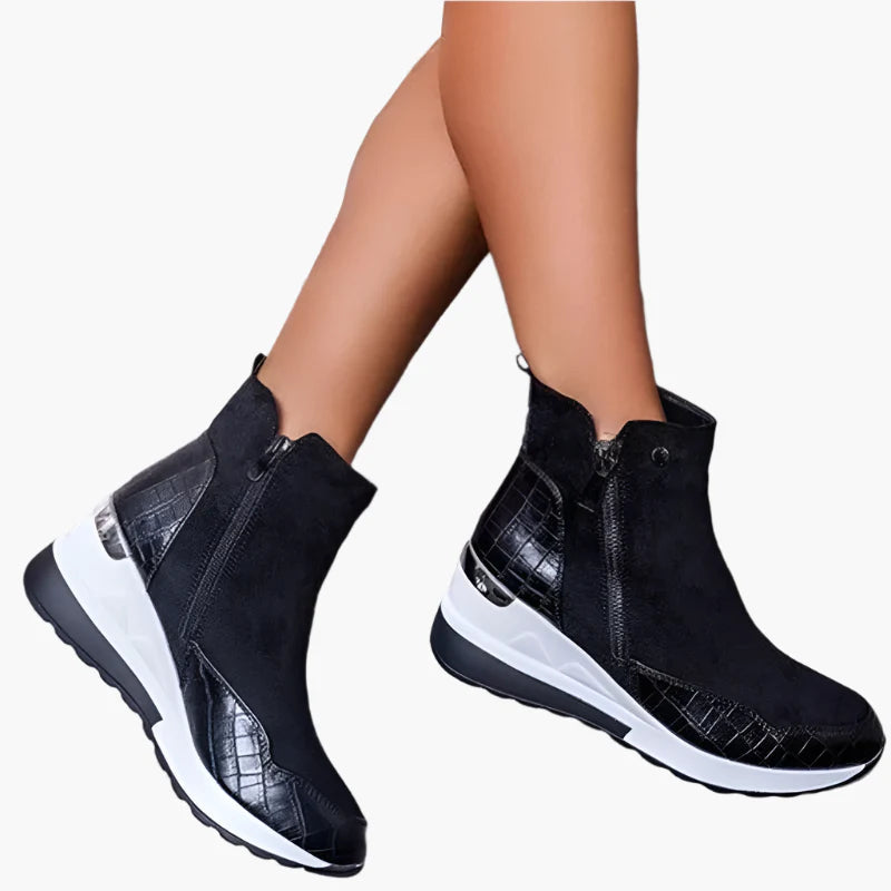 Beige orthopedic wedge ankle boots shown as a pair, front angle