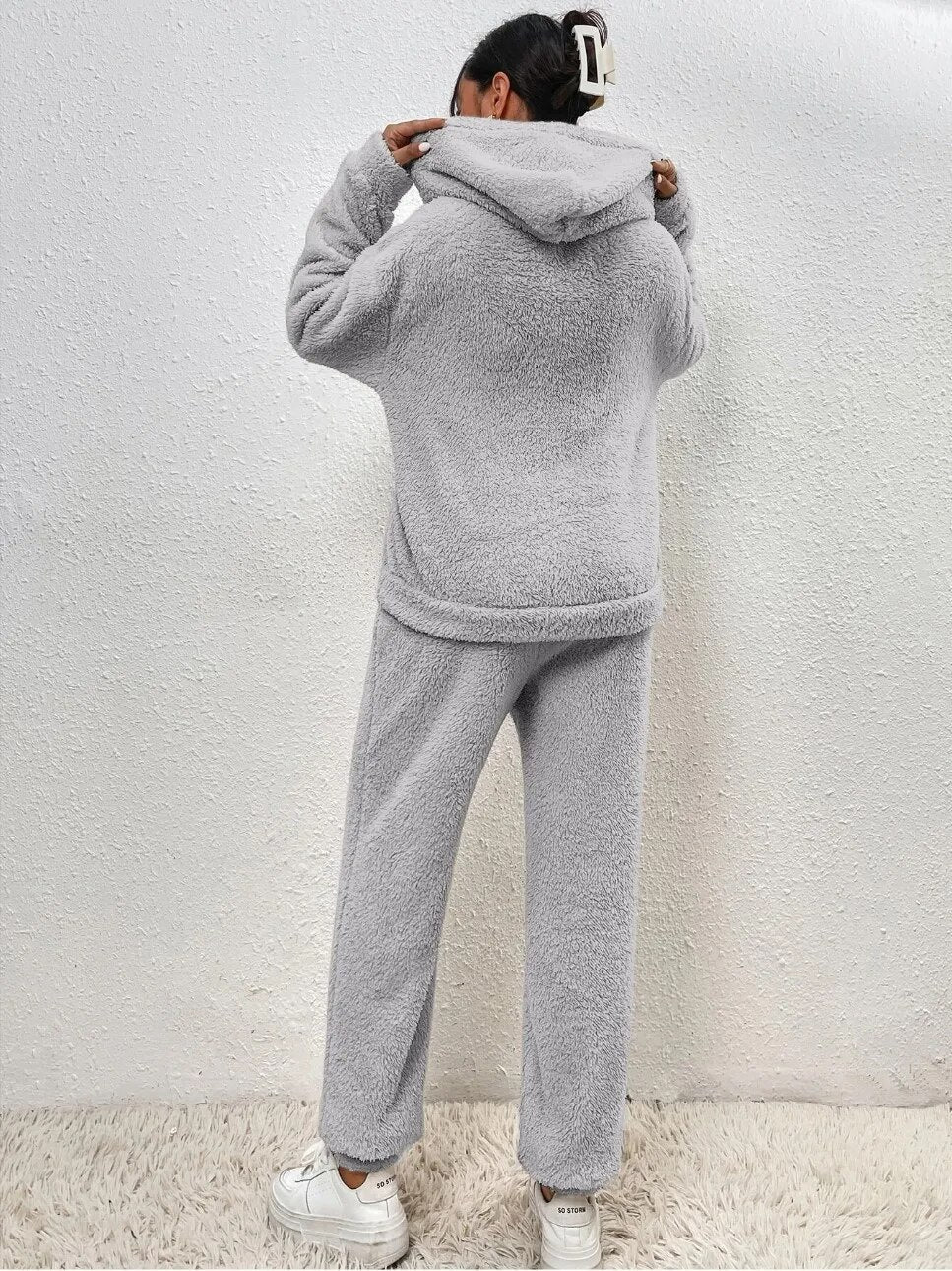 Teddy fleece loungewear set with hooded top, kangaroo pocket and long pants