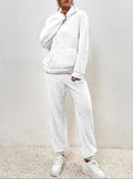 Teddy fleece loungewear set with hooded top, kangaroo pocket and long pants