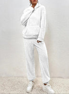Teddy fleece loungewear set with hooded top, kangaroo pocket and long pants