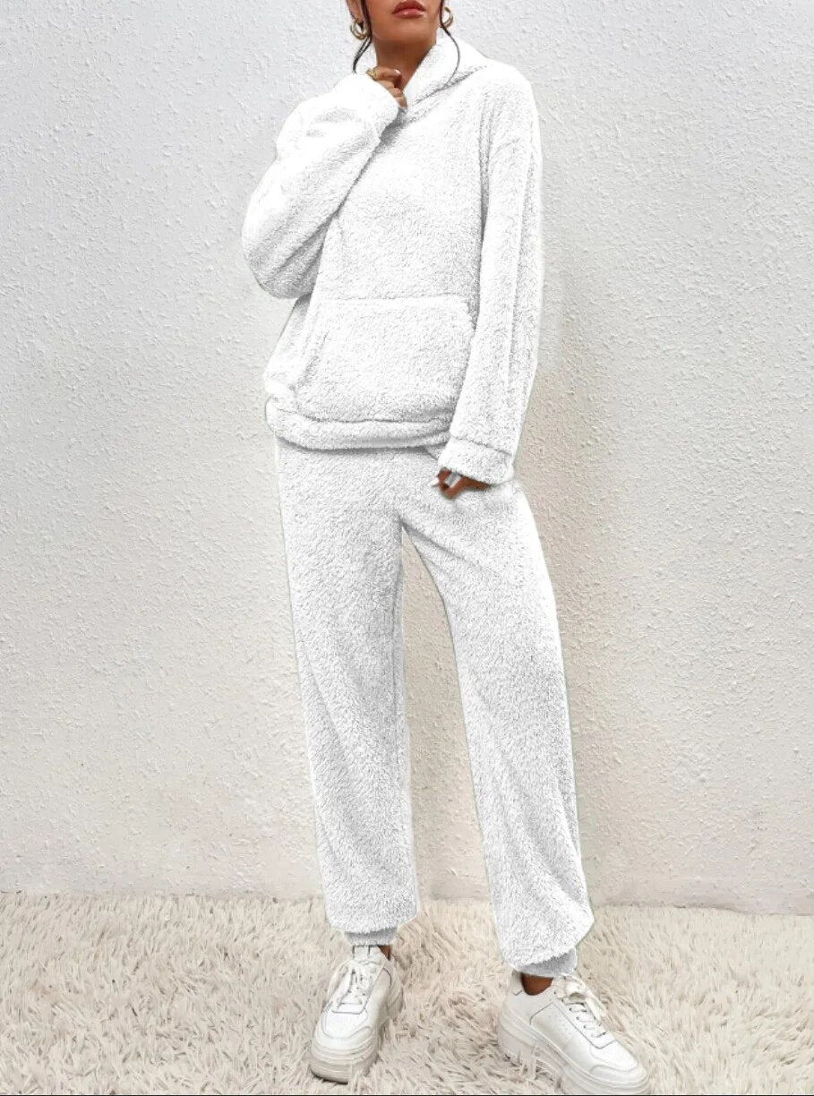 Teddy fleece loungewear set with hooded top, kangaroo pocket and long pants
