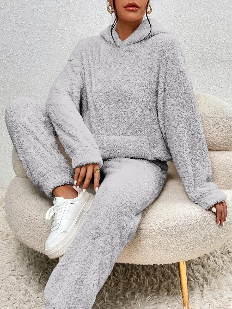 Teddy fleece loungewear set with hooded top, kangaroo pocket and long pants