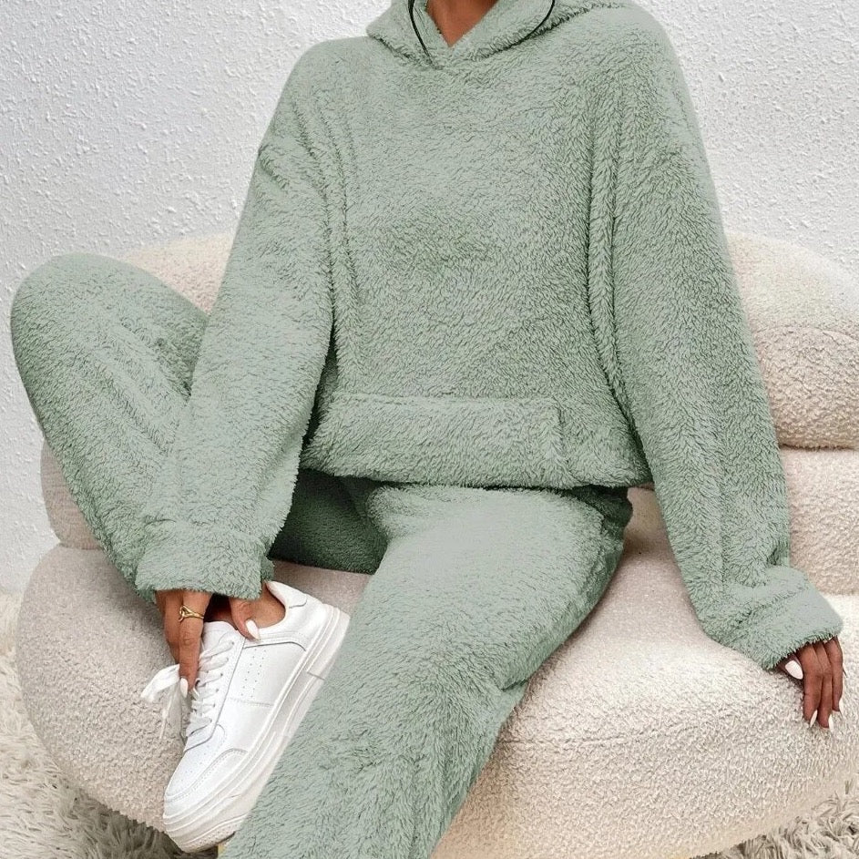 Teddy fleece loungewear set with hooded top, kangaroo pocket and long pants