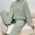 Teddy fleece loungewear set with hooded top, kangaroo pocket and long pants