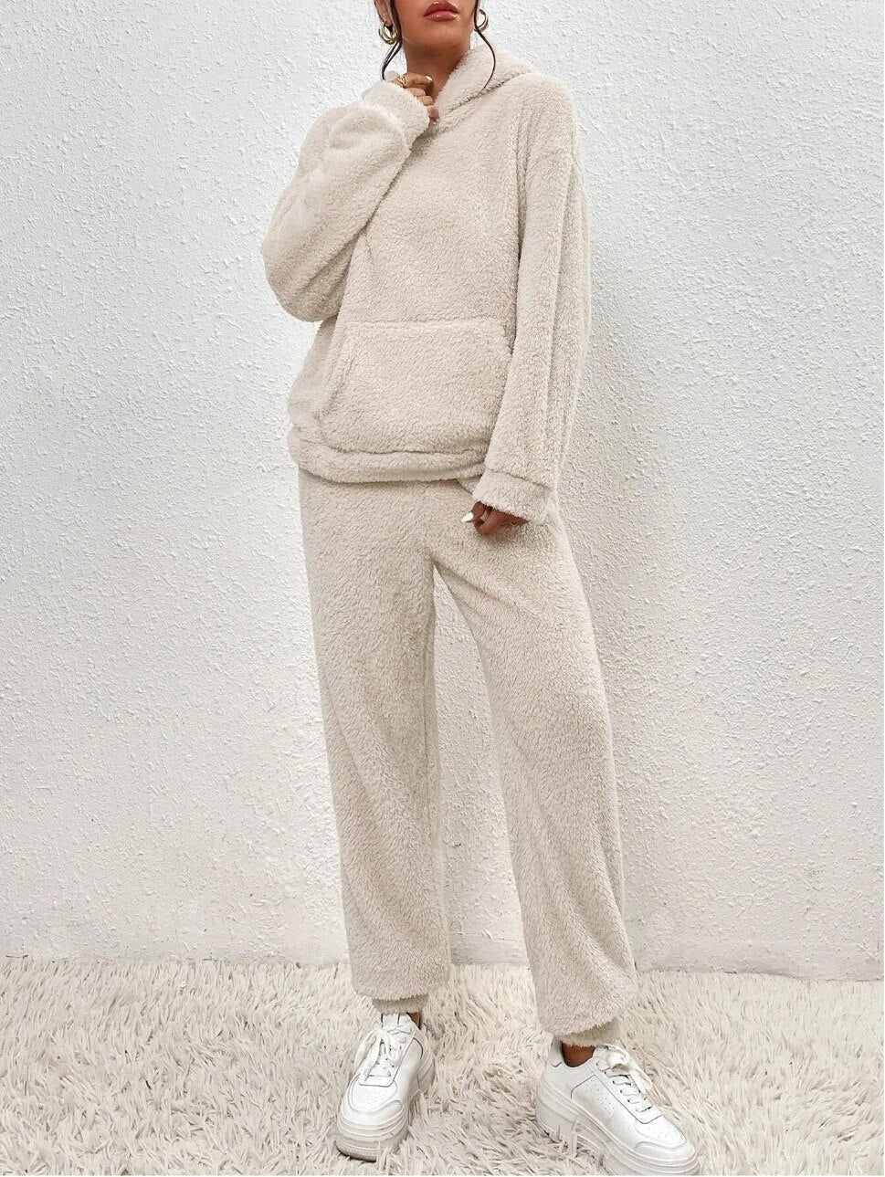 Teddy fleece loungewear set with hooded top, kangaroo pocket and long pants