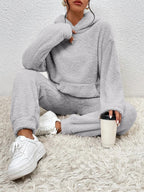 Teddy fleece loungewear set with hooded top, kangaroo pocket and long pants