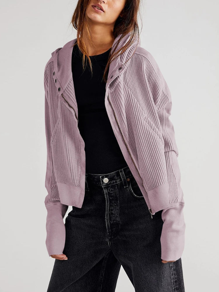 Cropped Hoodie Waffle-Knit Zip