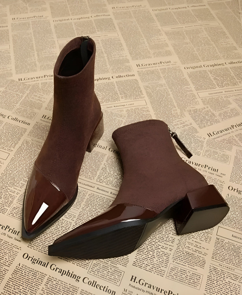 Suede-look ankle boots in brown with patent toe panel and block heel, side view