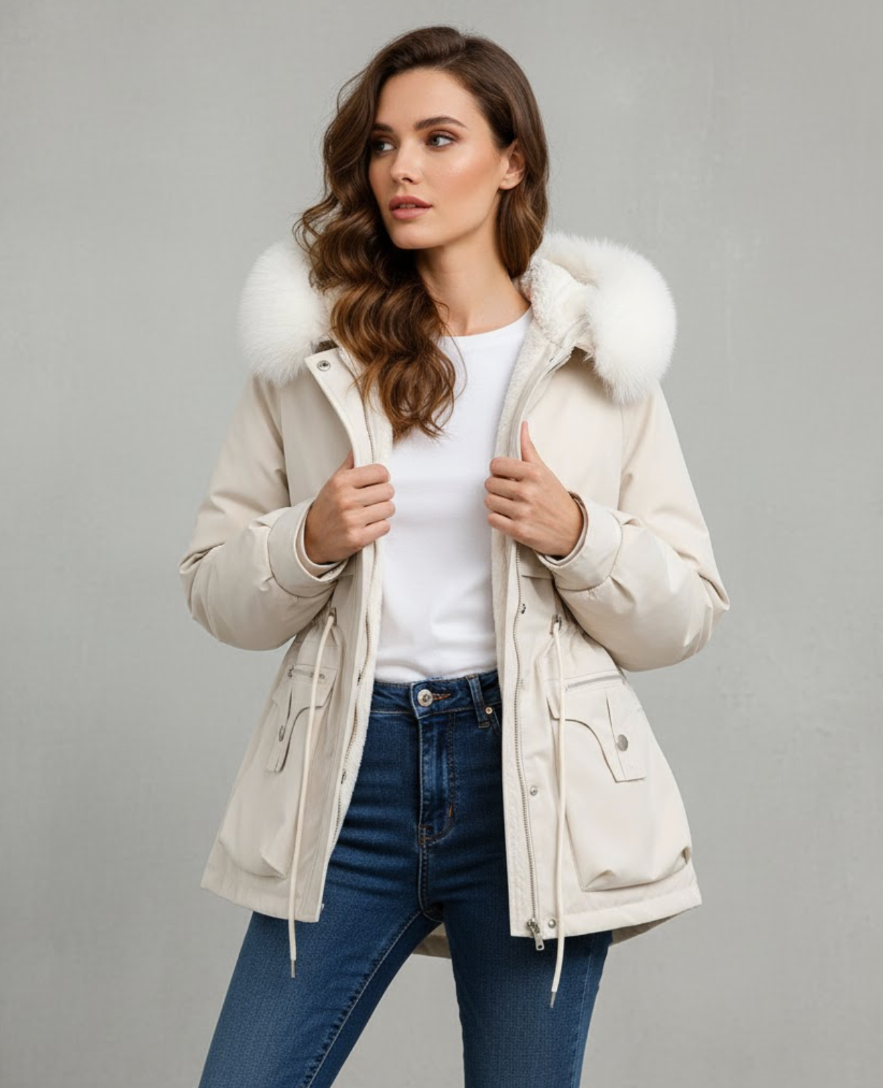 White hooded parka with fleece lining and water-repellent shell, front view