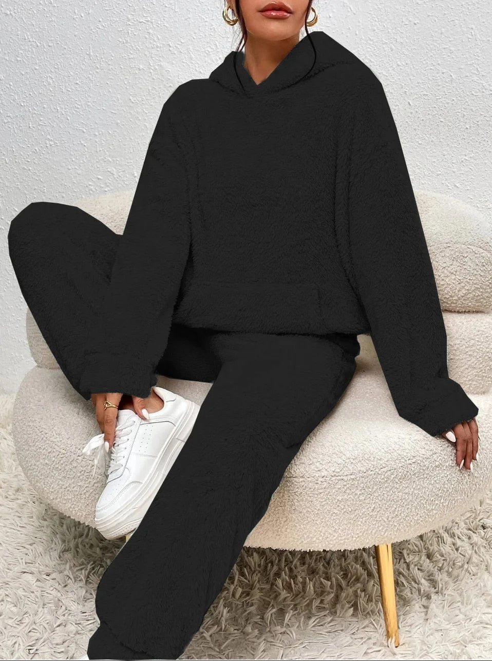 Teddy fleece loungewear set with hooded top, kangaroo pocket and long pants