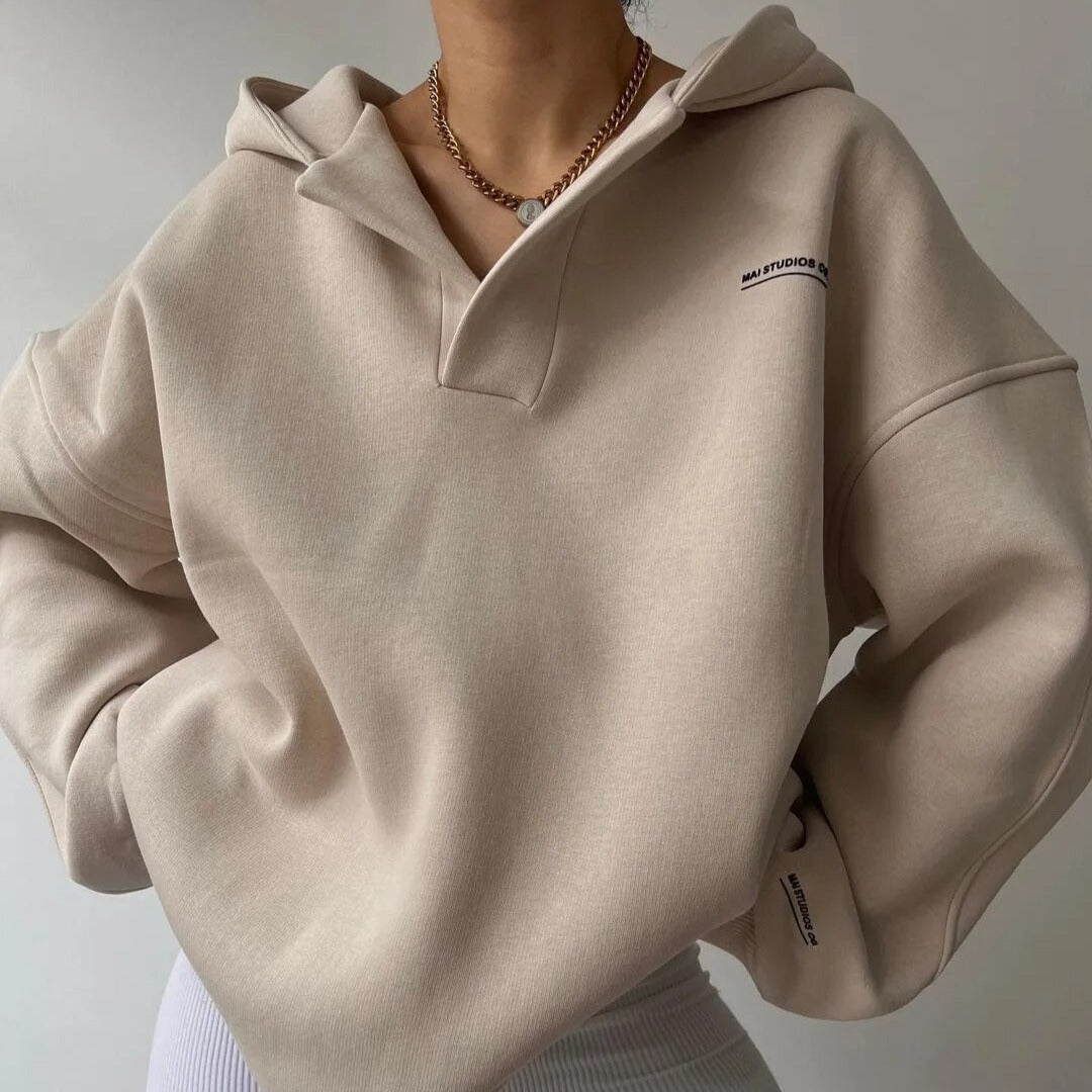 Beige crewneck sweater in soft knit, cosy pullover for everyday layering