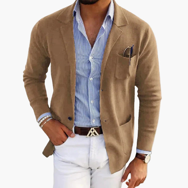 Beige tailored blazer with classic lapel and patch pockets, front view