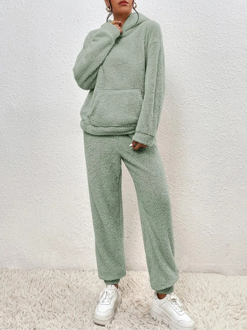 Teddy fleece loungewear set with hooded top, kangaroo pocket and long pants