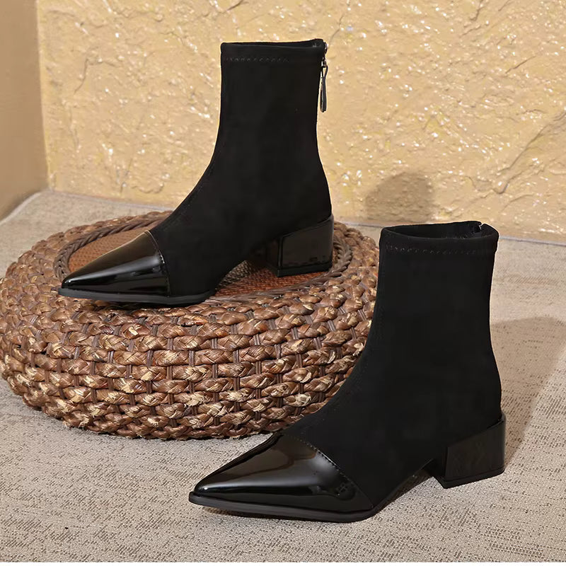 Suede-look ankle boots with block heel photographed as a pair