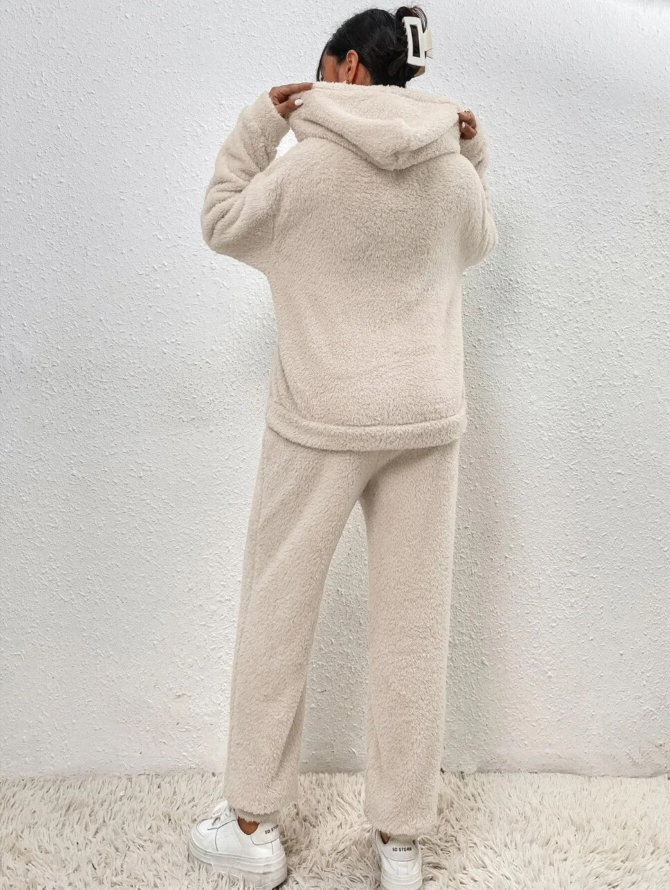 Teddy fleece loungewear set with hooded top, kangaroo pocket and long pants