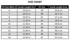 US size chart with foot length for the suede yacht loafers slip-on, all ten colours.