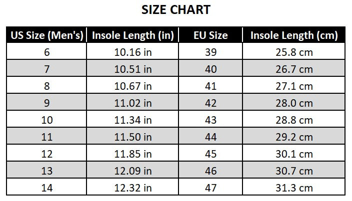 US size chart with foot length for the suede yacht loafers slip-on, all ten colours.