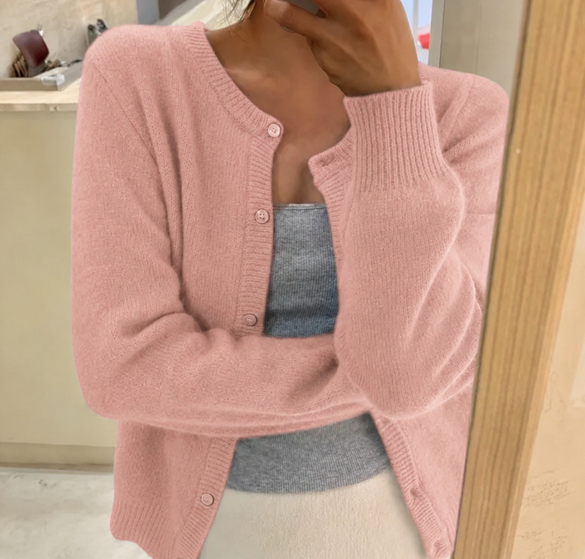 Light Pink soft knit cardigan with button front and round neckline