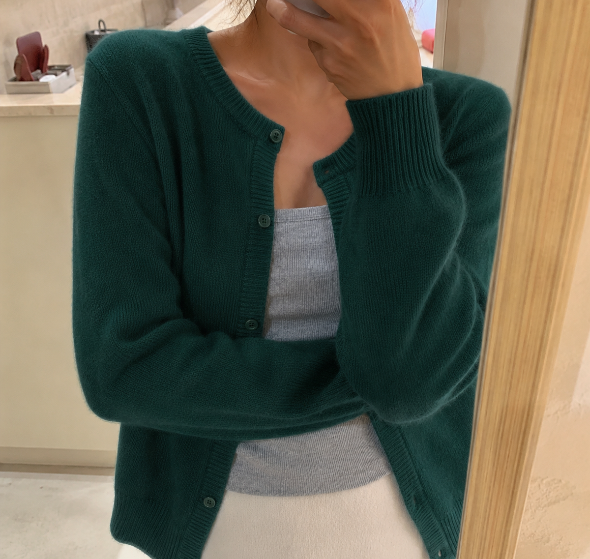 Dark Green soft knit cardigan with button front and round neckline