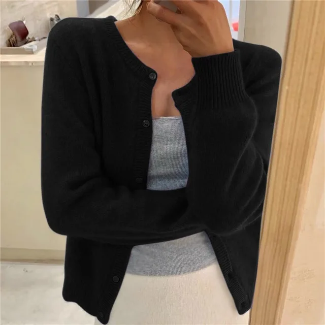 Black soft knit cardigan with button front and round neckline