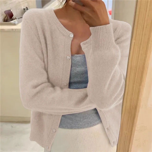 Beige soft knit cardigan with button front and round neckline