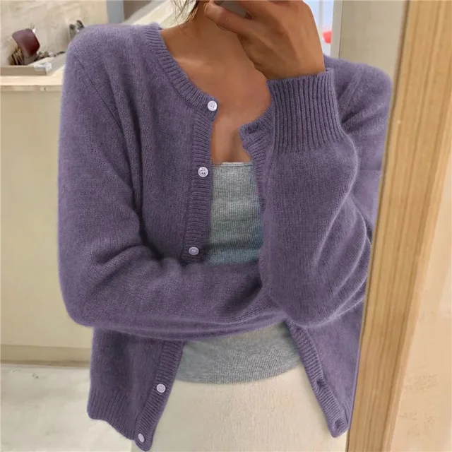 Purple soft knit cardigan with button front and round neckline