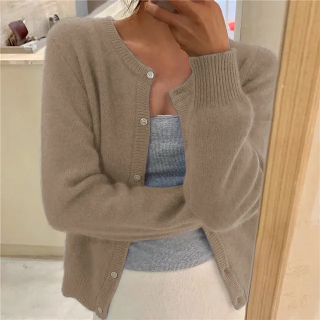 Khaki soft knit cardigan with button front and round neckline