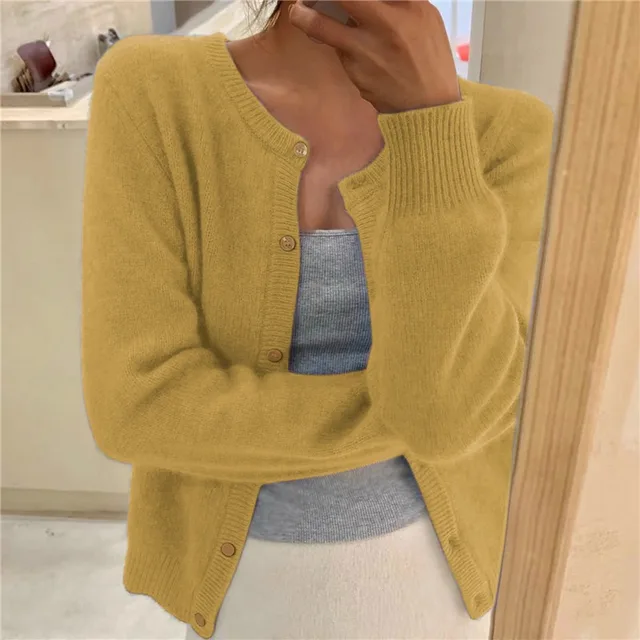 Yellow soft knit cardigan with button front and round neckline