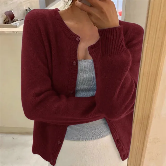 Burgundy soft knit cardigan with button front and round neckline