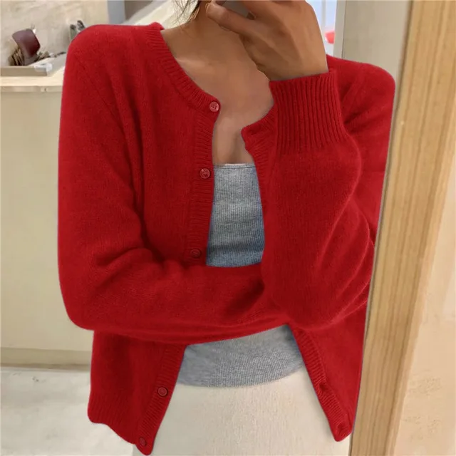 Red soft knit cardigan with button front and round neckline