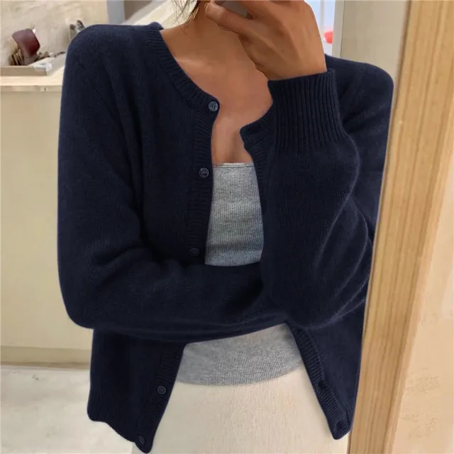 Navy Blue soft knit cardigan with button front and round neckline