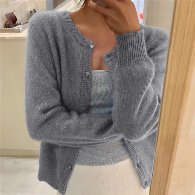 Grey soft knit cardigan with button front and round neckline