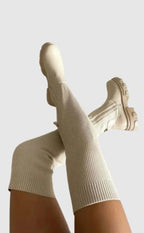 Knit knee-high boots ribbed stretch in beige, full length view