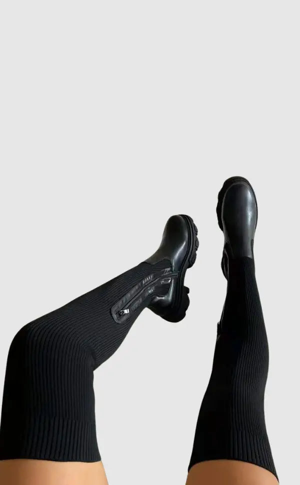 Knit knee-high boots ribbed stretch in black, full length view