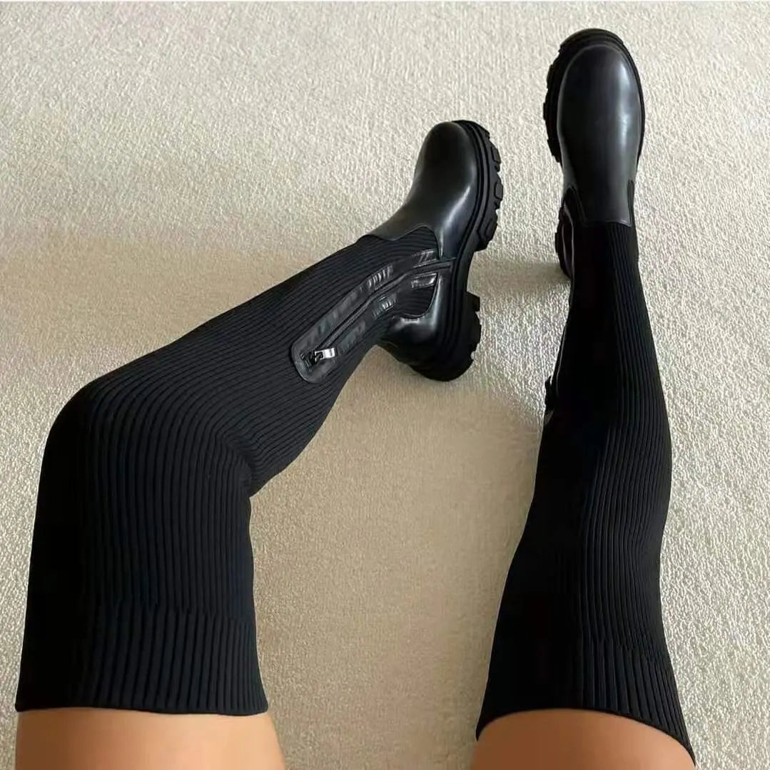 Knit knee-high boots ribbed stretch in black, side profile detail