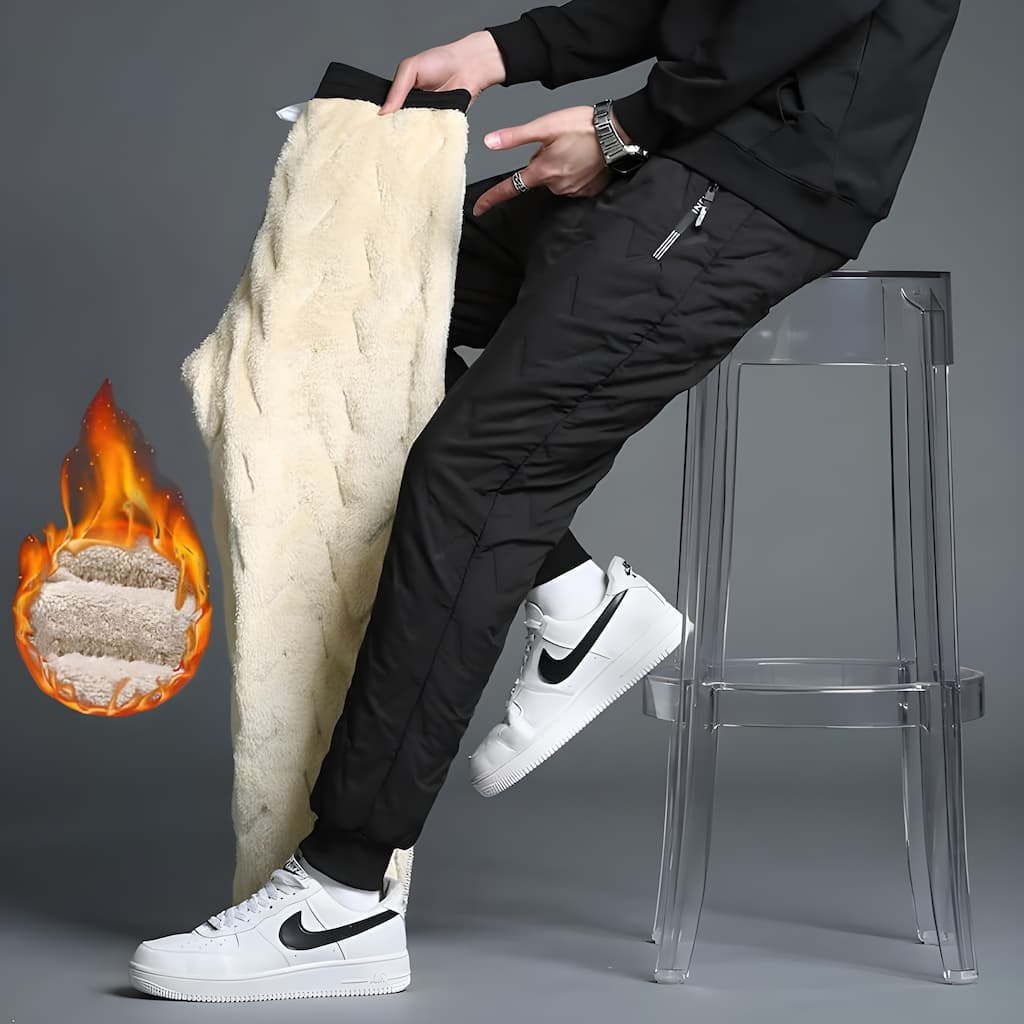 Thermal fleece-lined jogger pants in grey with zip pockets, front view