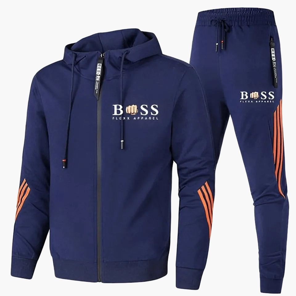 White hoodie tracksuit set, side view showing the matching joggers