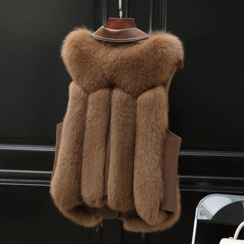 Faux-fur gilet shown in several shades, oversized lapel detail