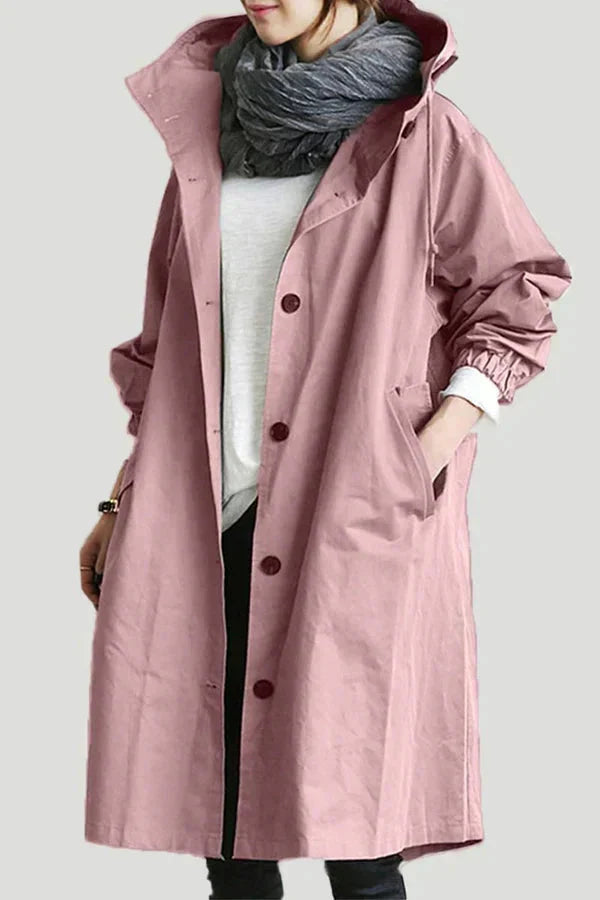 Rain coat oversized hood wind resistant, hood and neckline detail, grey to pink colour range.