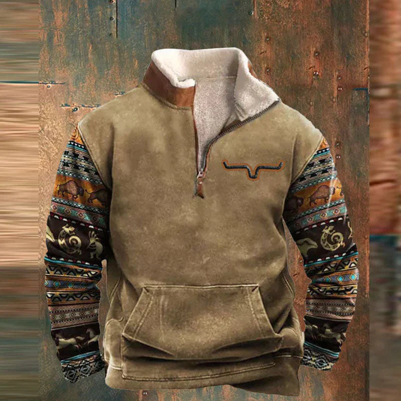 Khaki zip-up knit sweater with full-zip front, shown in soft breathable knit