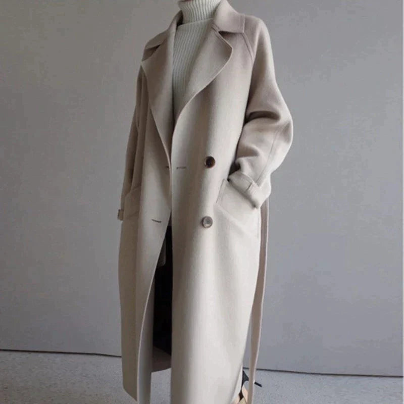 Long double-breasted wool coat, detail view