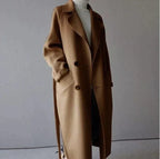 Long wool coat in beige, double-breasted front, front view
