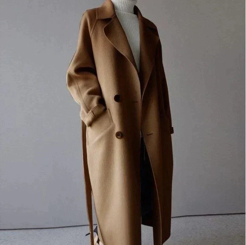 Long wool coat in beige, double-breasted front, front view